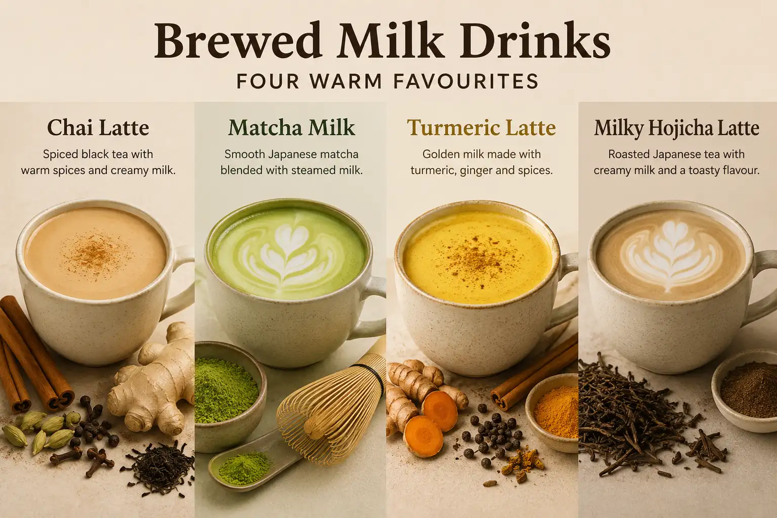 Infographic featuring four brewed milk drinks in ceramic mugs: a spiced chai latte with cinnamon and cardamom, a vibrant green matcha milk latte with bamboo whisk, a golden turmeric latte with ginger and turmeric powder, and a creamy milky hojicha latte with roasted Japanese tea leaves. The drinks are displayed side-by-side on a warm neutral background under the heading Brewed Milk Drinks – Four Warm Favourites.